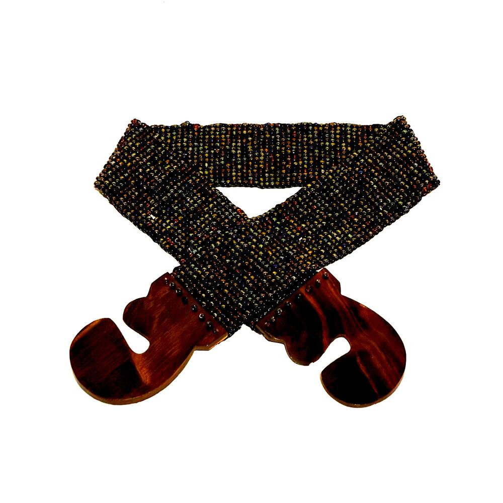 Vintage Erik & Mike Hand Loomed Beaded Belt Wood Buckle Stretch Y2K Lagenlook